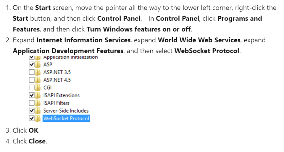 Enable Web Socket for Windows 8 Plus